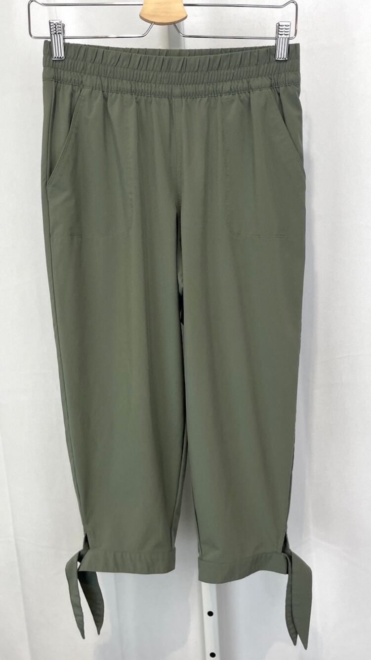 T by TALBOTS Tie Hem Crop Pants Pull On Elastic Waist Pockets Green Petite PXS P